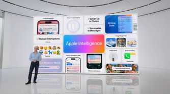 Person standing in front of Apple Intelligence presentation