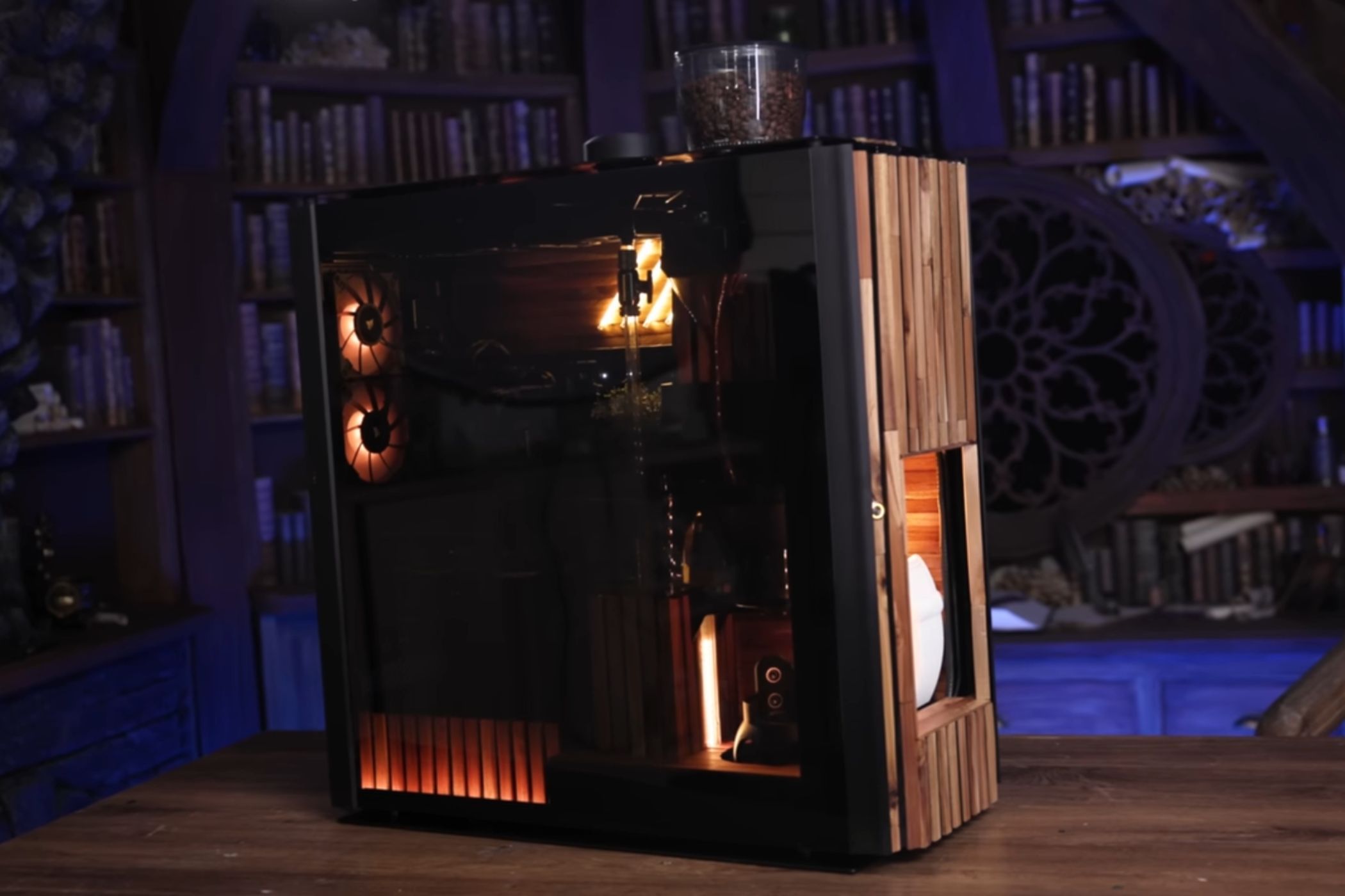 An image showing a custom PC case with a coffee maker inside it