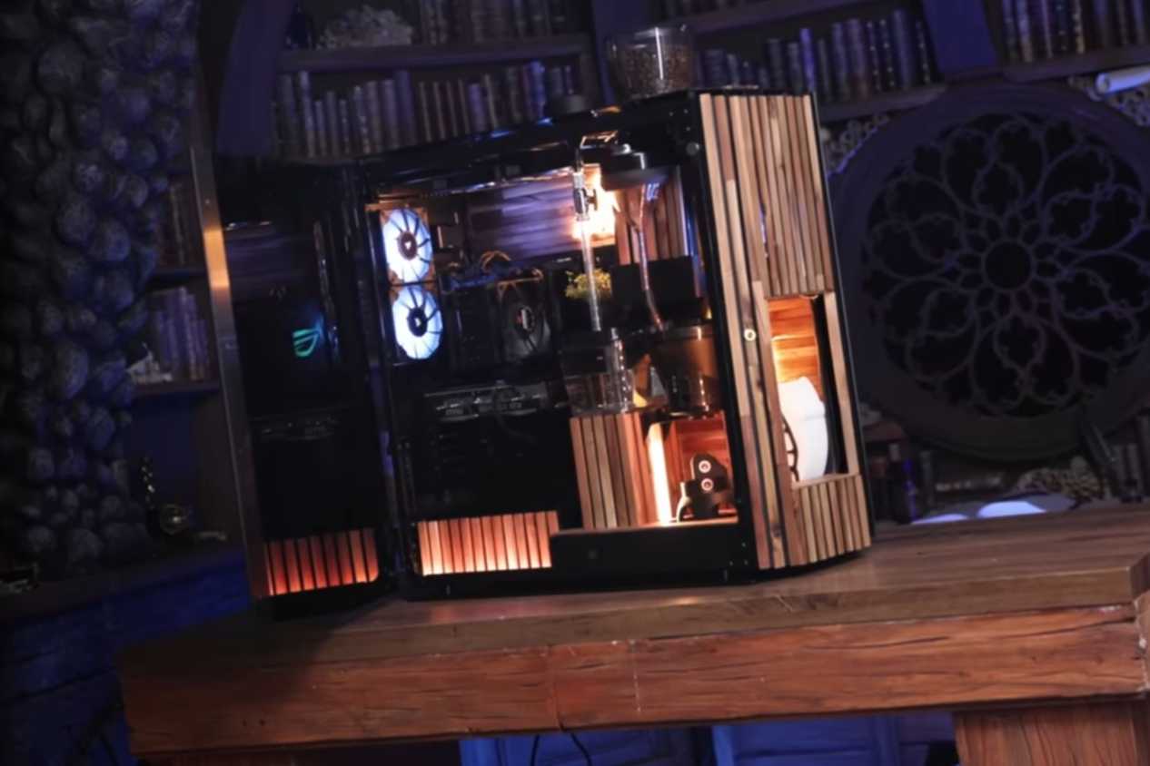An image showing a PC case with a built-in coffee machine