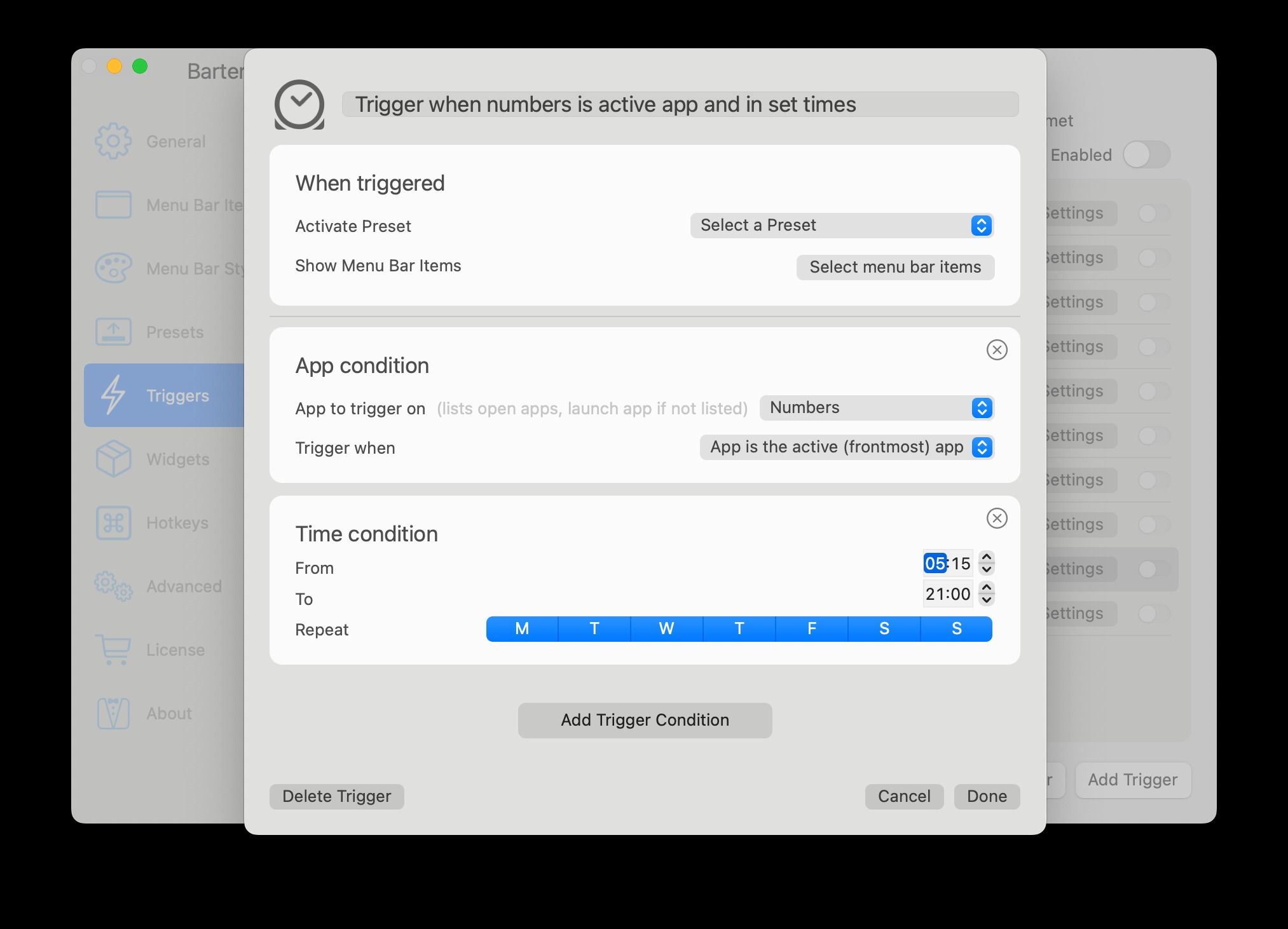 A screenshot showing Bartender presets