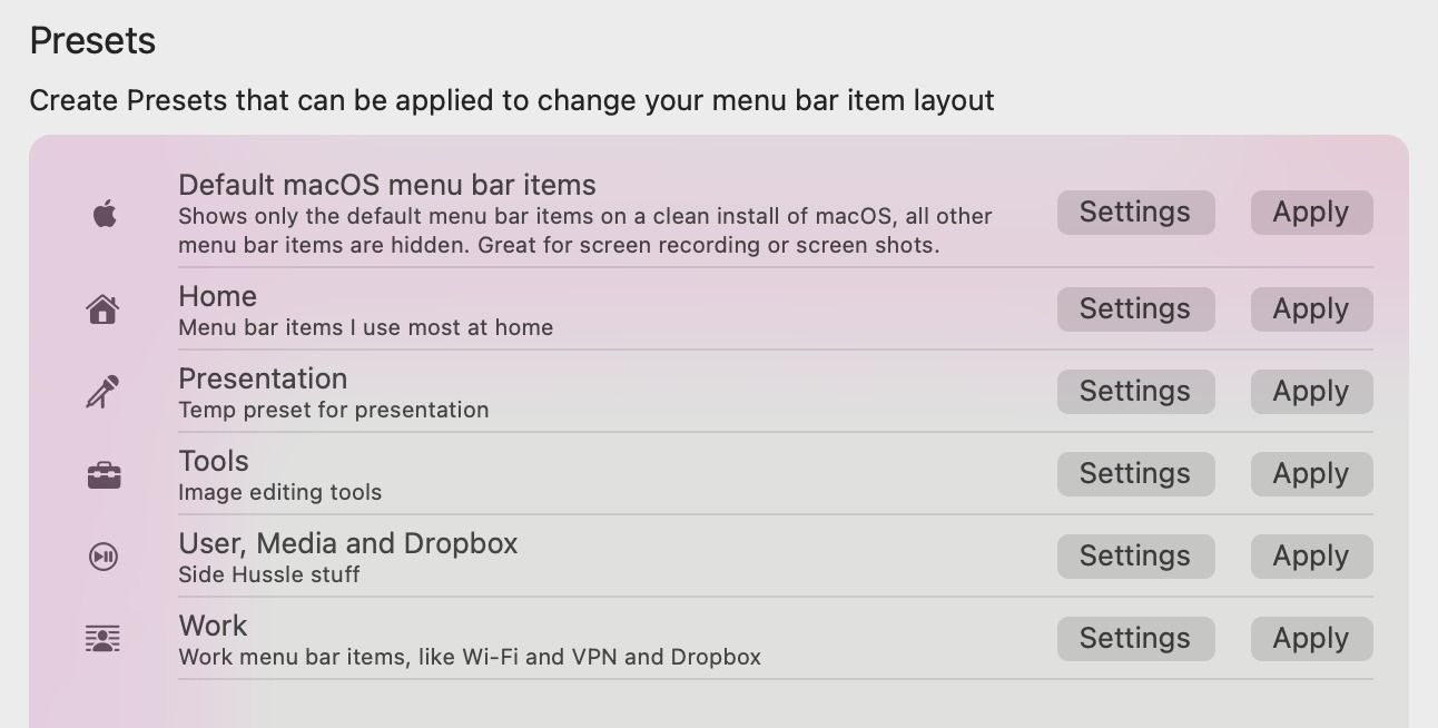 A screenshot showing Bartender settings