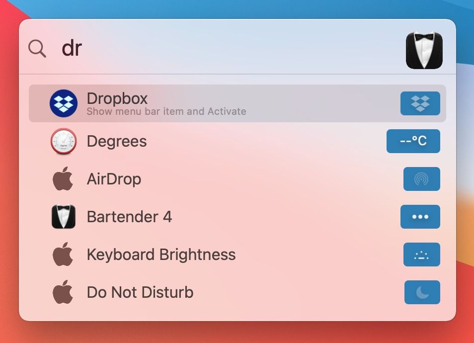 A screenshot showing Bartender search