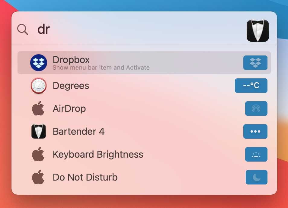 A screenshot showing Bartender search