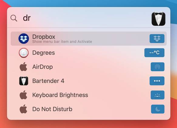 A screenshot showing Bartender search
