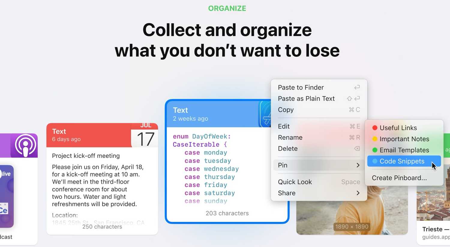 A screenshot showing Paste organization