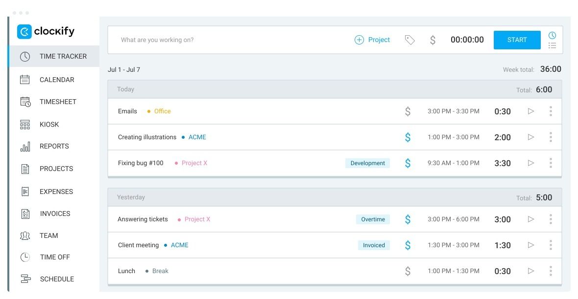 A screenshot showing Clockify home