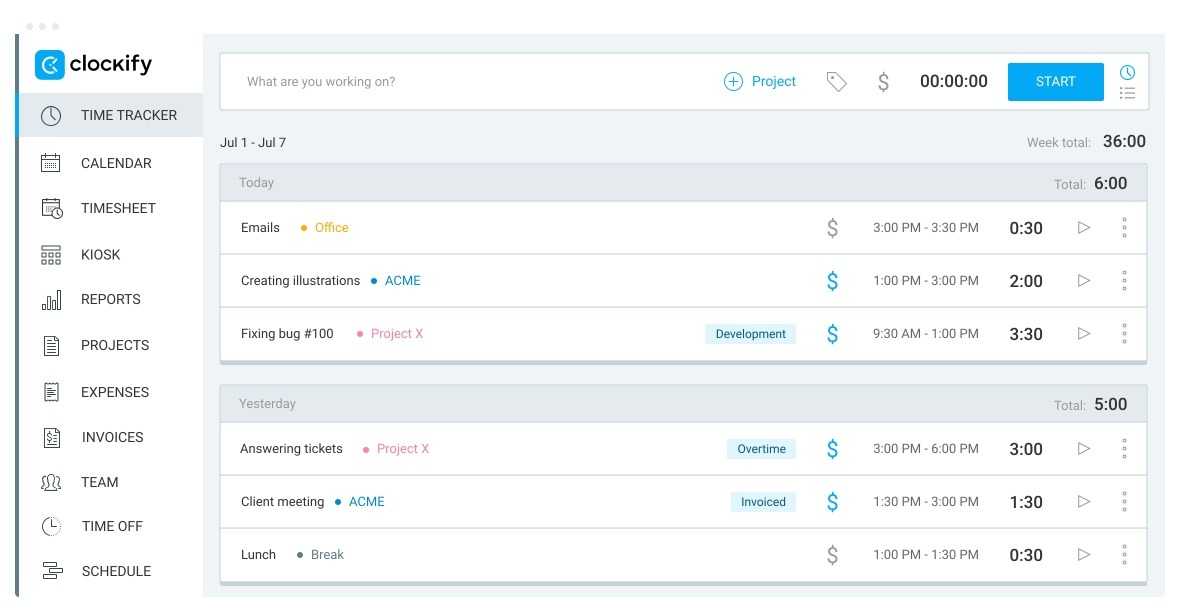 A screenshot showing Clockify home