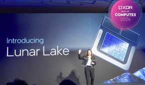 Woman standing in front of a screen with text reading "Introducing Lunar Lake"