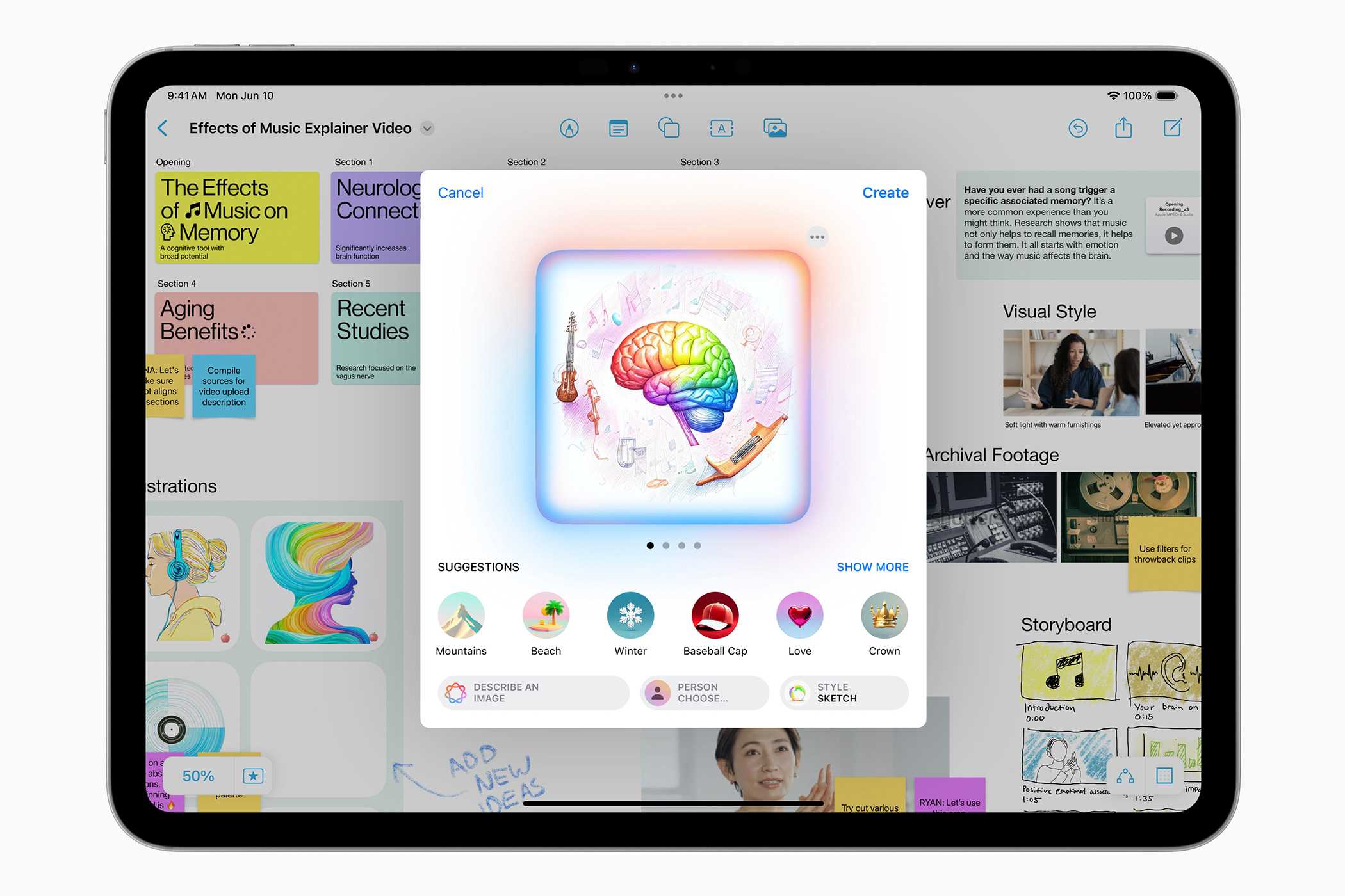 The Freeform app on iPad with intelligent image suggestions via Image Playground on iPadOS 18