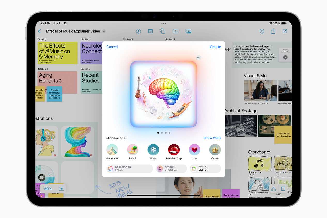 The Freeform app on iPad with intelligent image suggestions via Image Playground on iPadOS 18