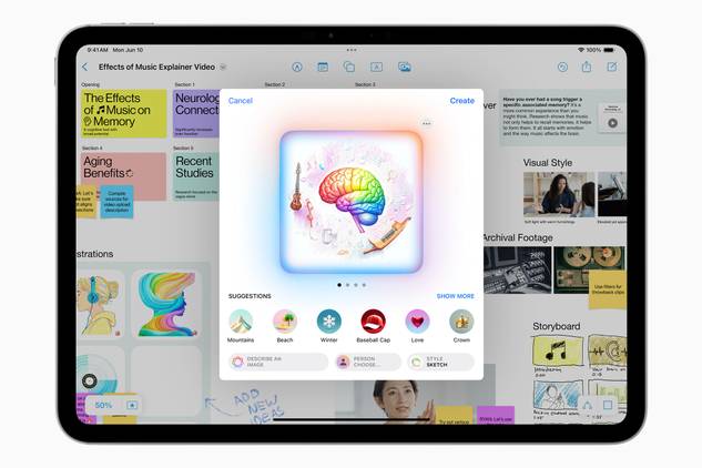The Freeform app on iPad with intelligent image suggestions via Image Playground on iPadOS 18