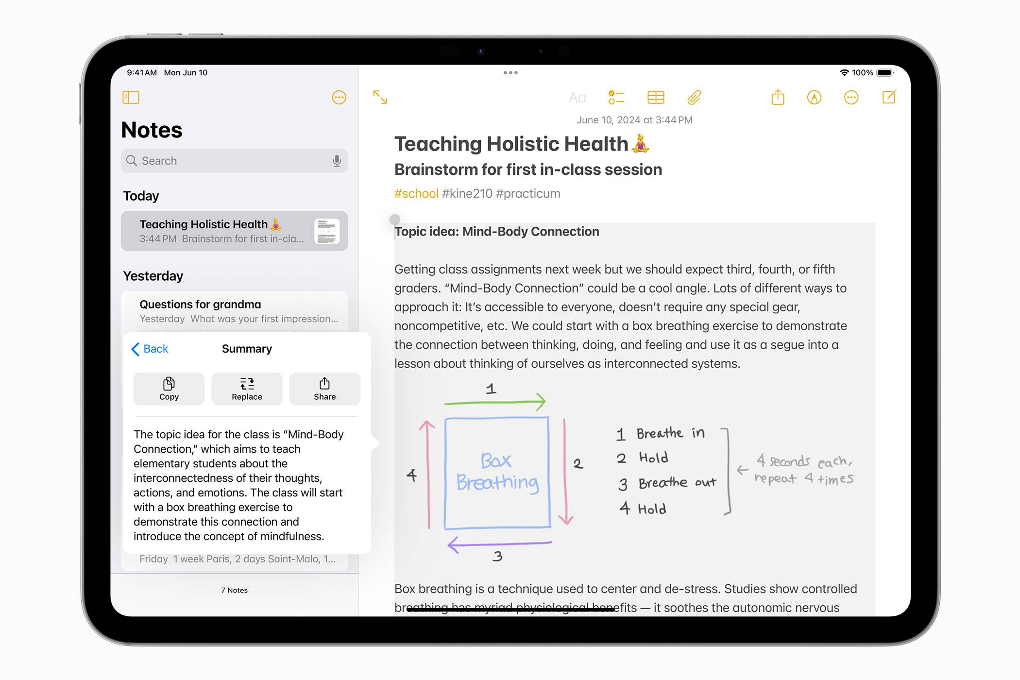An iPad showing the Notes app with new AI tools in iPad OS18