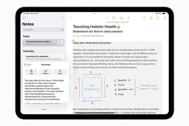 An iPad showing the Notes app with new AI tools in iPad OS18
