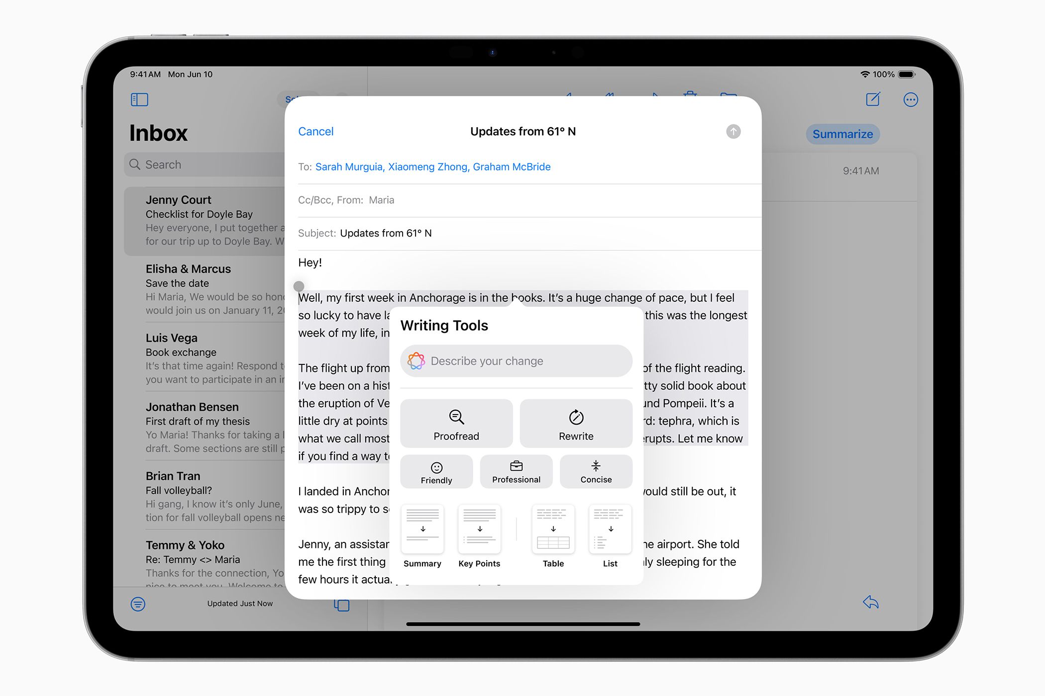 An e-mail on iPad with writing tools in iPadOS 18
