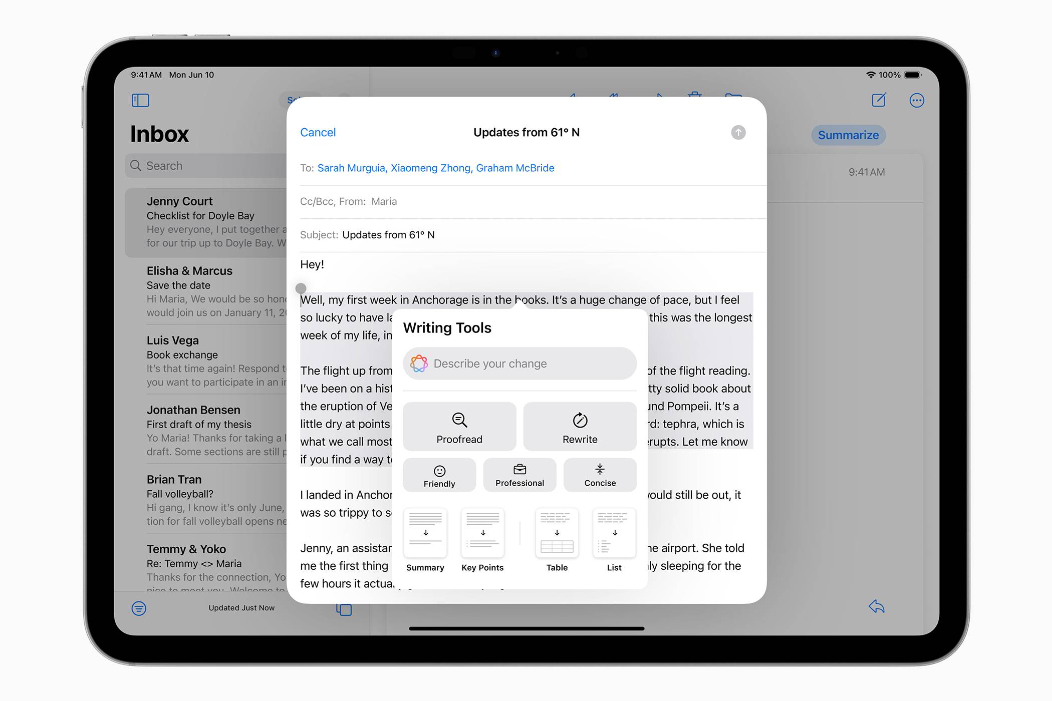 An e-mail on iPad with writing tools in iPadOS 18