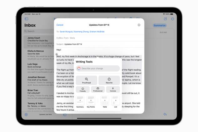 An e-mail on iPad with writing tools in iPadOS 18