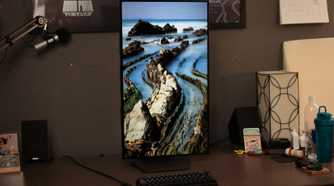 The LG 32GS95UE in portrait orientation.