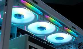 An image showing three Lian Li UNI SL-INFI120 fans installed on a PC case.