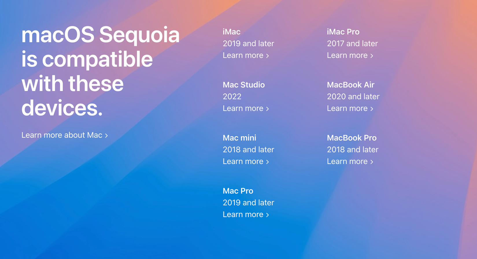 Compatible Mac models with macOS Sequoia