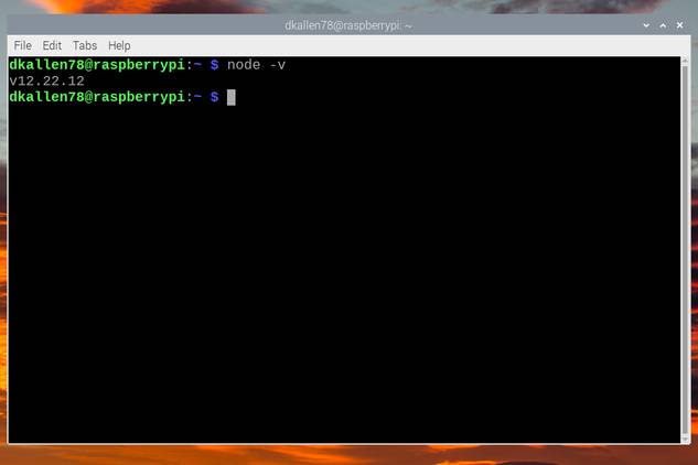 node -v command showing version 12