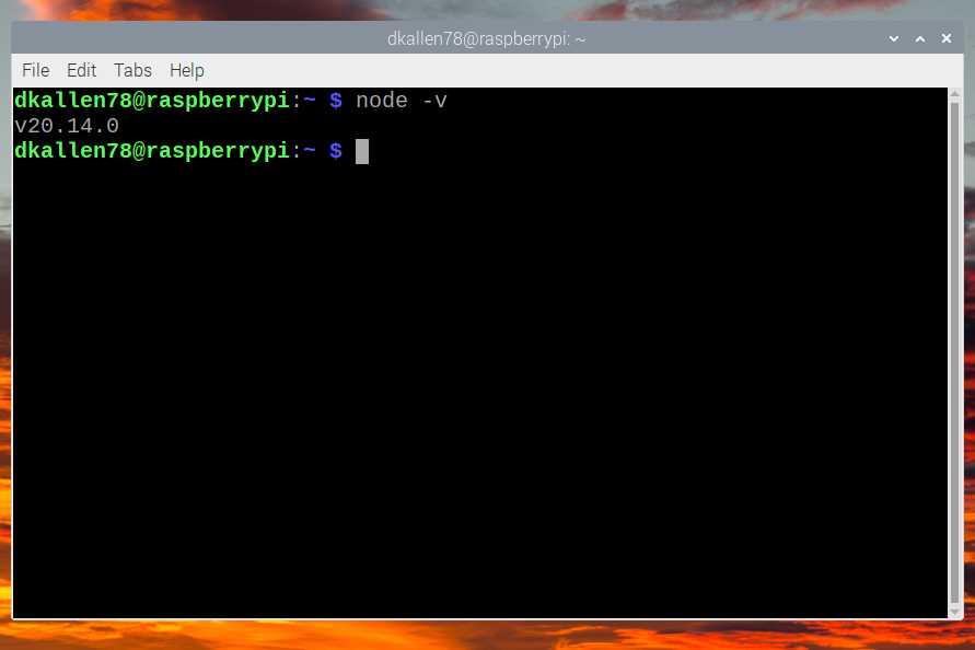 node -v command showing version 20