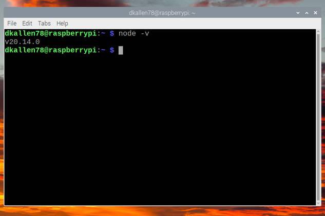 node -v command showing version 20