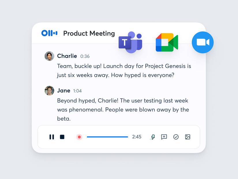 Otter AI tool showing a product meeting transcription