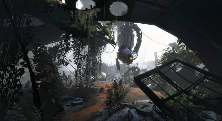 A promotional screenshot of the Portal 2 gameplay experience.