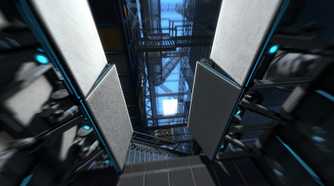 A promotional screenshot of the Portal 2 gameplay experience.