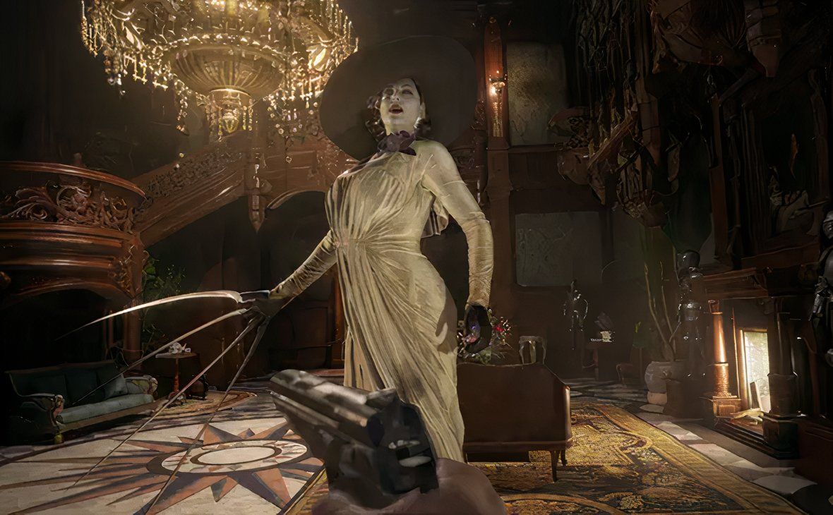 A promotional screenshot of the Resident Evil: Village gameplay experience.