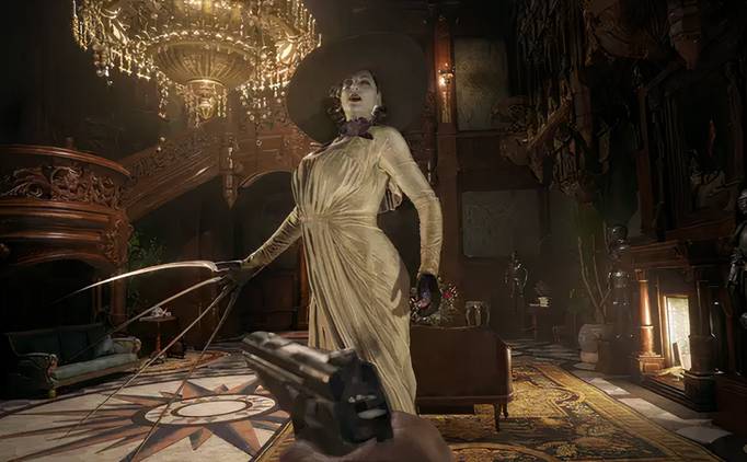 A promotional screenshot of the Resident Evil: Village gameplay experience.