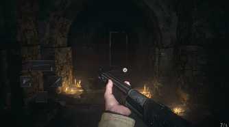 A promotional screenshot of the Resident Evil: Village gameplay experience.