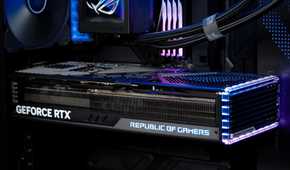 An image showing an ASUS ROG GPU installed inside an ROG Hyperion GR701 BTF case.