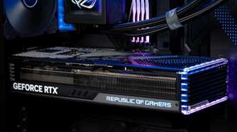 An image showing an ASUS ROG GPU installed inside an ROG Hyperion GR701 BTF case.