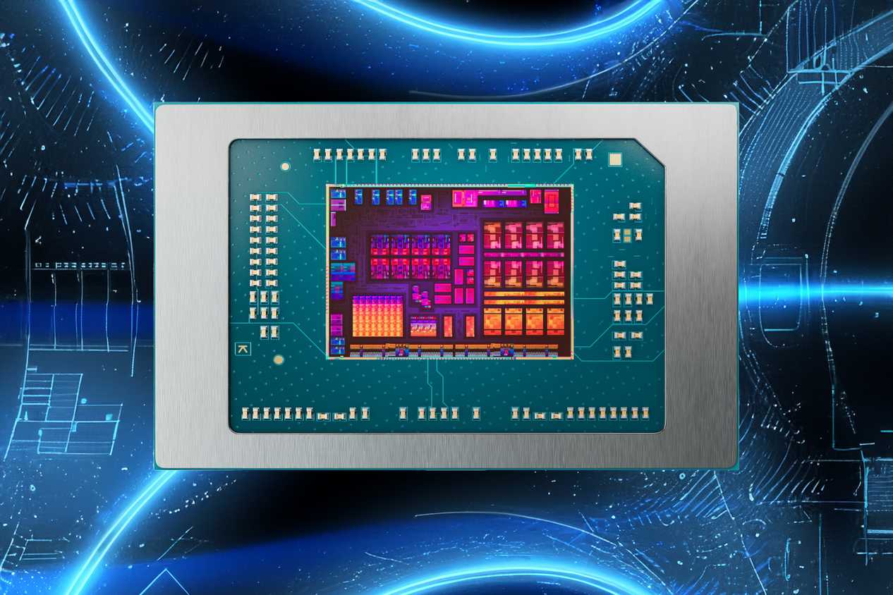 Die shot of an AMD Ryzen AI 300 processor over a blue pattern