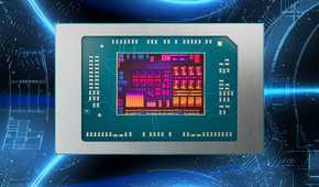 Die shot of an AMD Ryzen AI 300 processor over a blue pattern