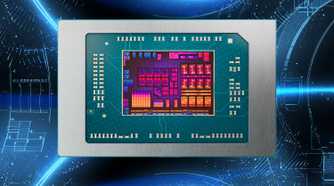 Die shot of an AMD Ryzen AI 300 processor over a blue pattern