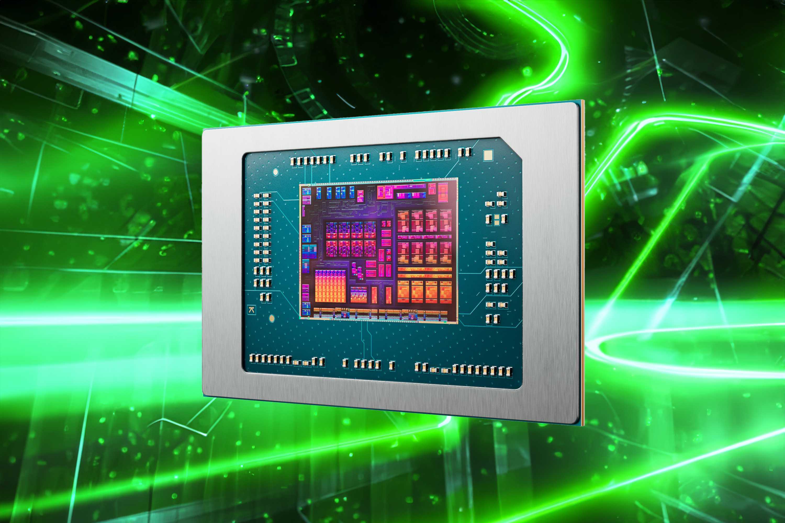Die shot of an AMD Ryzen AI 300 processor over a green pattern