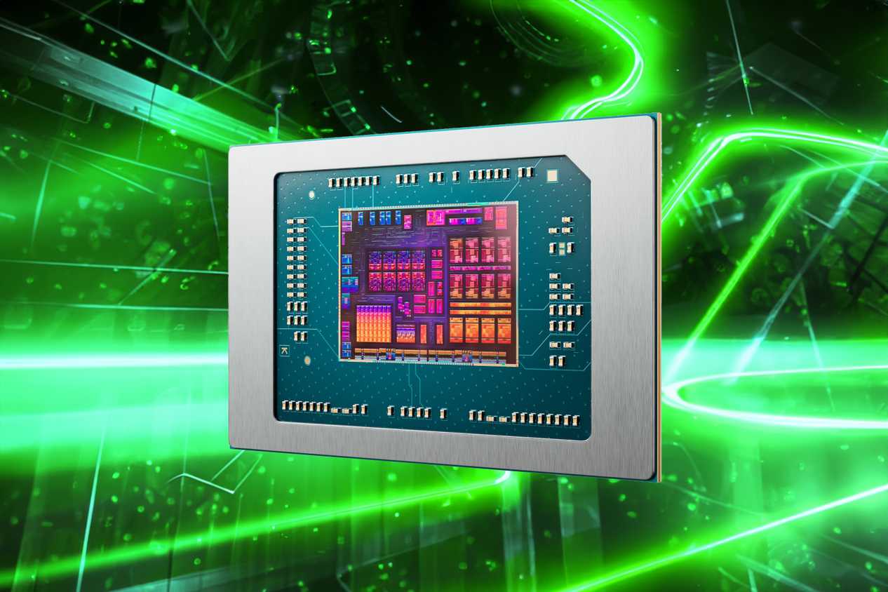 Die shot of an AMD Ryzen AI 300 processor over a green pattern