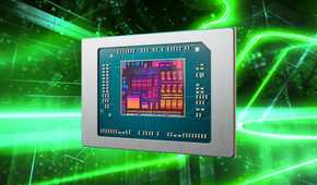 Die shot of an AMD Ryzen AI 300 processor over a green pattern