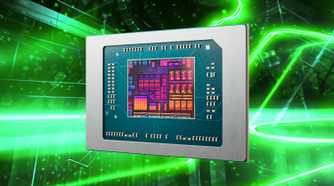 Die shot of an AMD Ryzen AI 300 processor over a green pattern