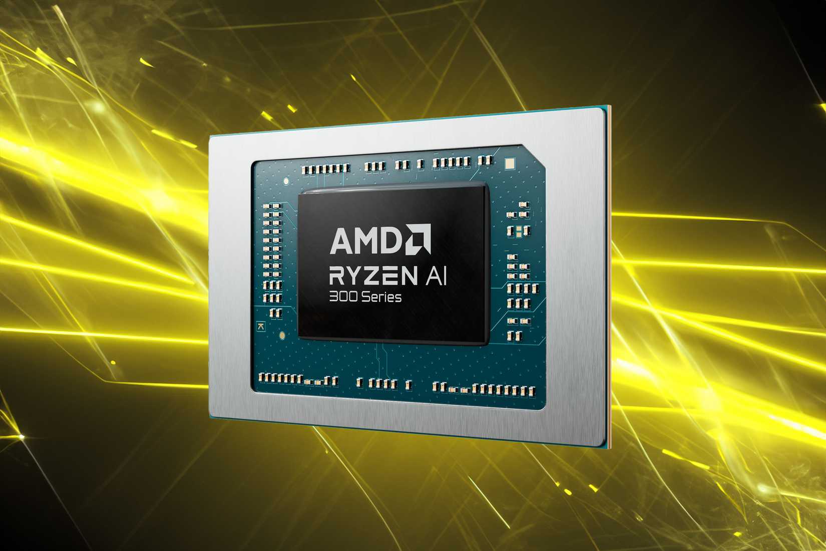 AMD Ryzen AI 300 processor over a yellow pattern