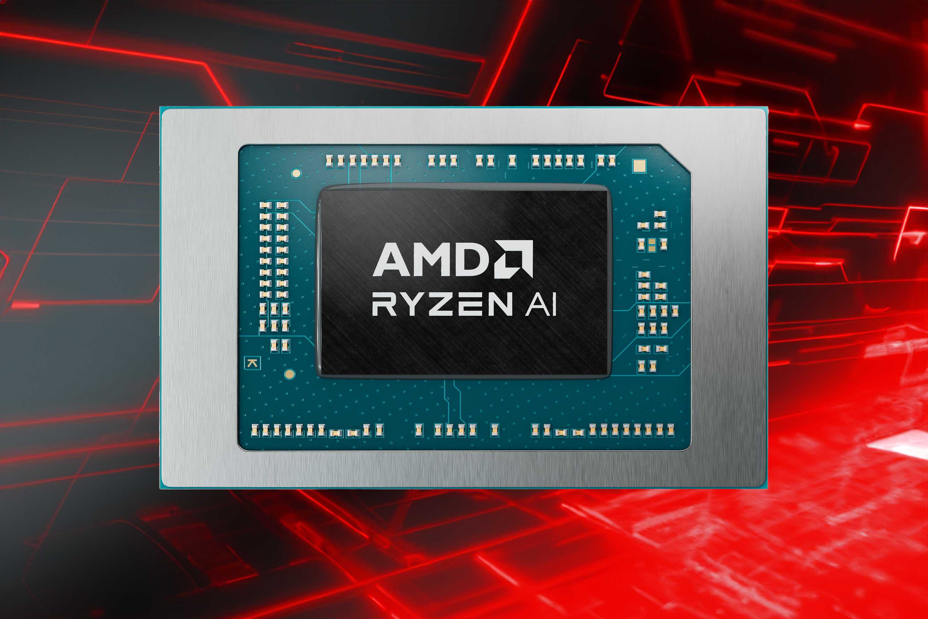 AMD Ryzen AI 300 processor over a red pattern
