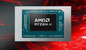 AMD Ryzen AI 300 processor over a red pattern