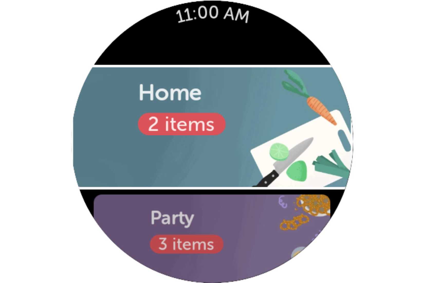 An image showing a screenshot of the Bring grocery app captured on a WearOS watch.