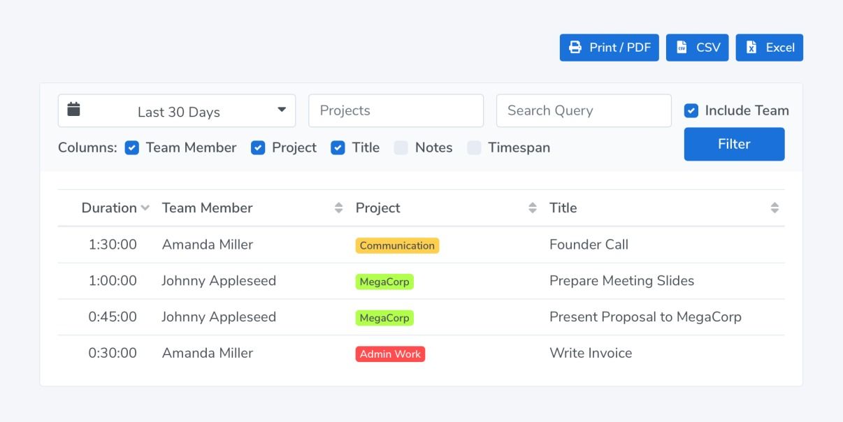 A screenshot showing Timing projects