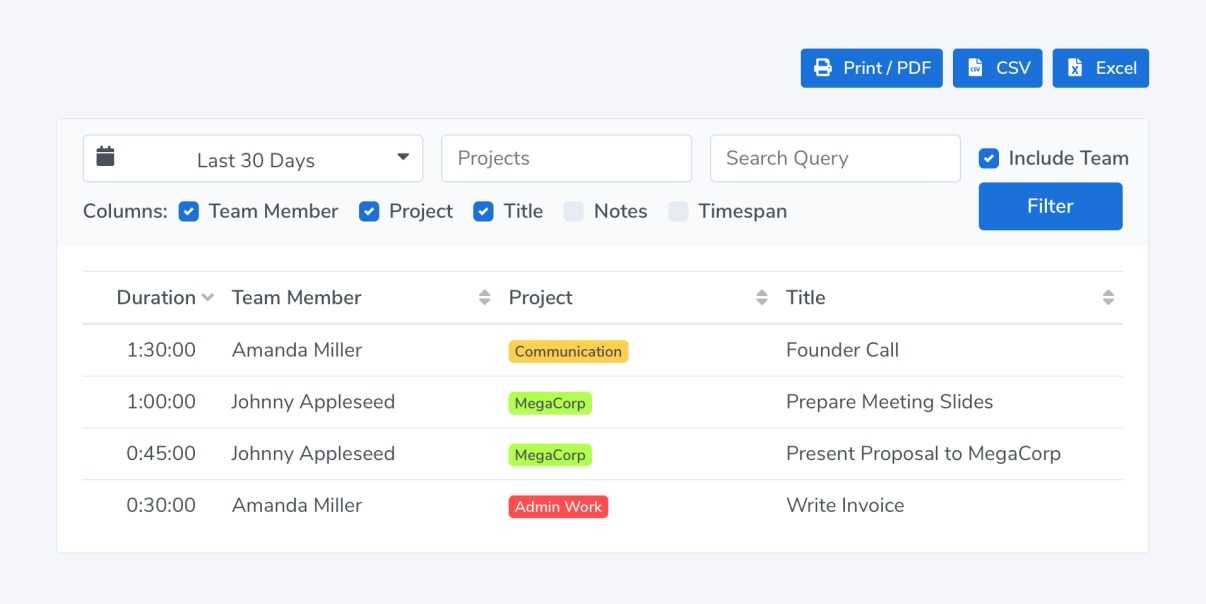 A screenshot showing Timing projects