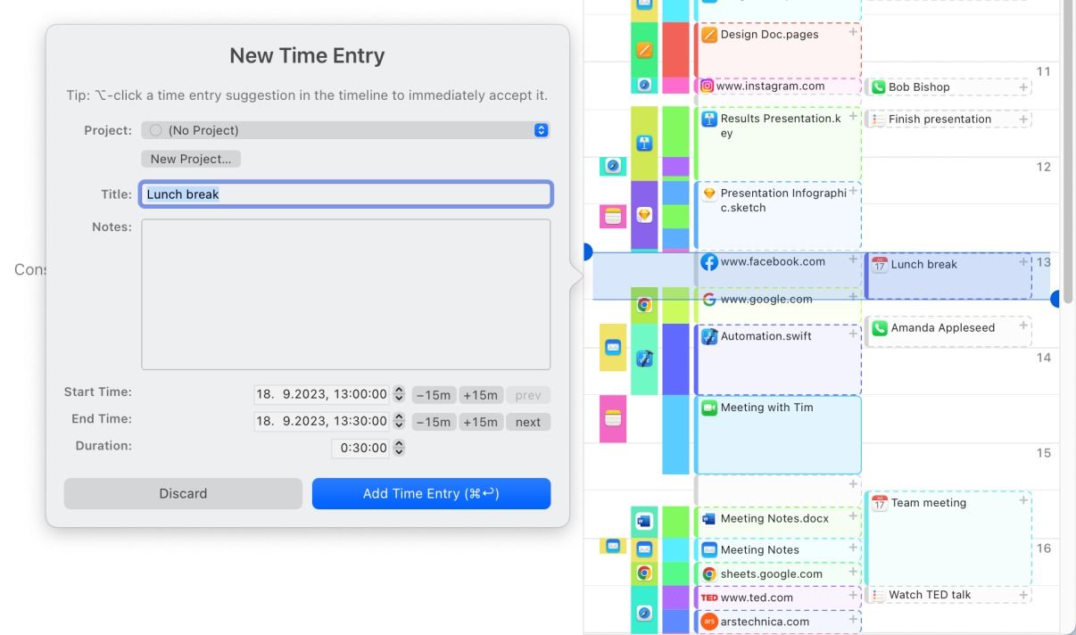 A screenshot showing Timing new entry