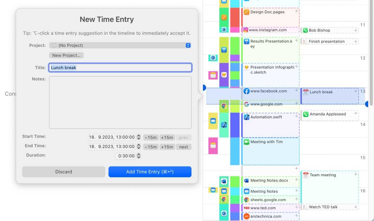 A screenshot showing Timing new entry