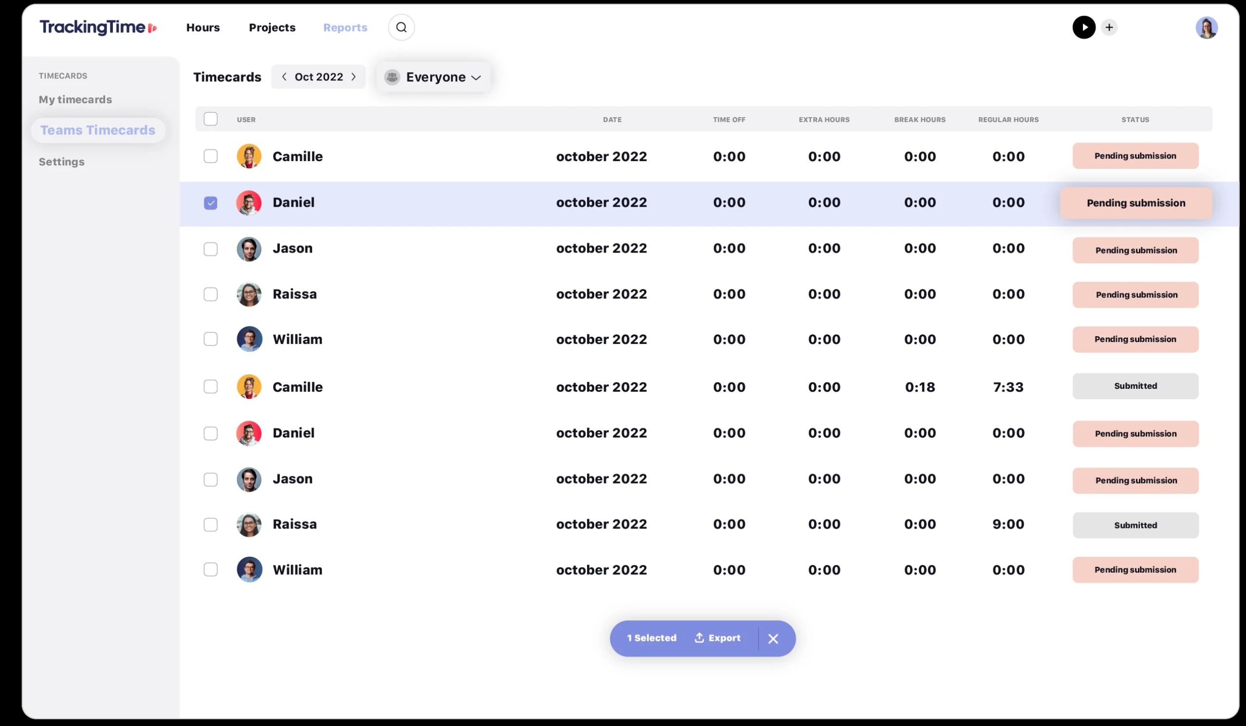 A screenshot showing TrackingTime timecards